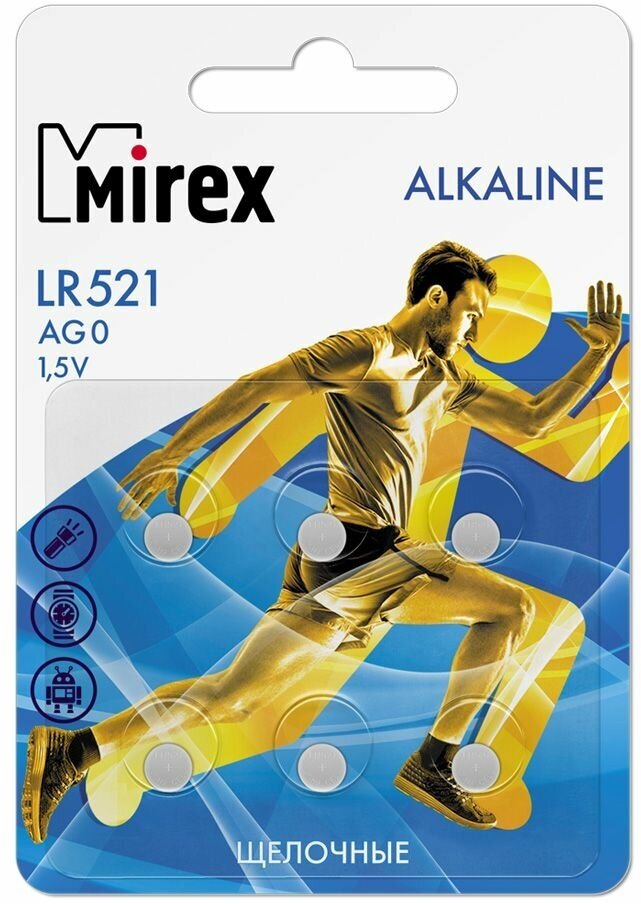 Батарейки щелочная Mirex AG0 / LR521 15V 6 шт  ecopack