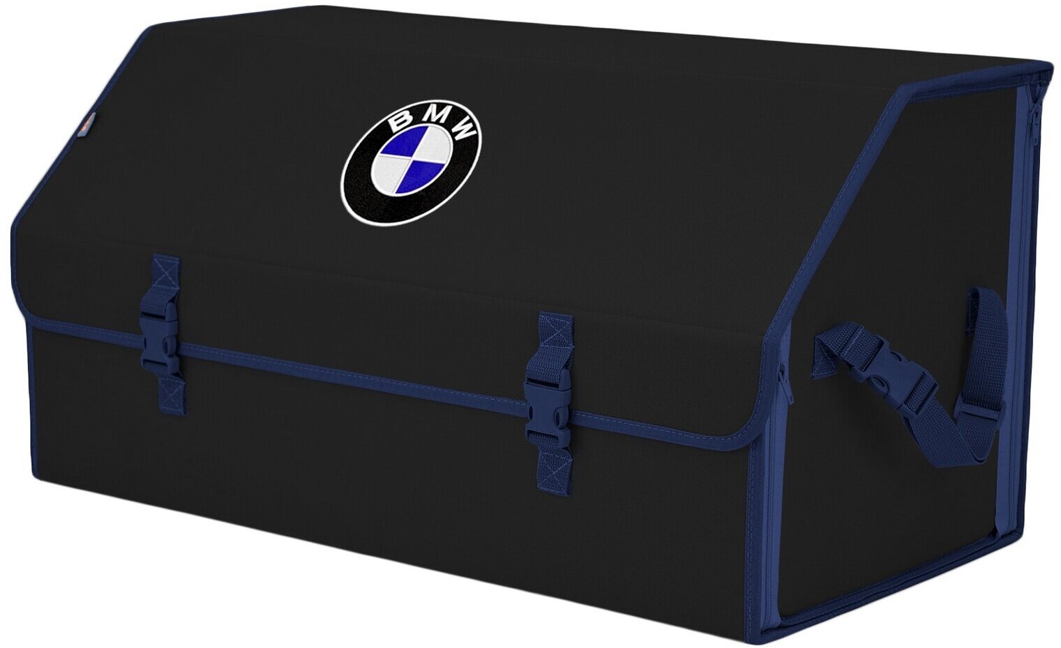 Органайзер-саквояж в багажник "Союз" (размер XL Plus). Цвет: черный с синей окантовкой и вышивкой BMW (БМВ).