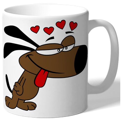 фото Кружка белая парная в подарок влюбленным - собака стоит высунув язык, сердечки drabs