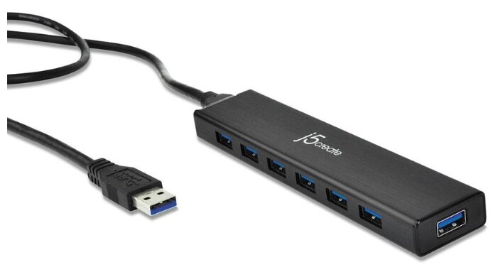 USB Type-A 3.0 концентратор j5create на 7 USB. Питание: от USB 5В/4А, от сети 100-240 50/60 Гц.