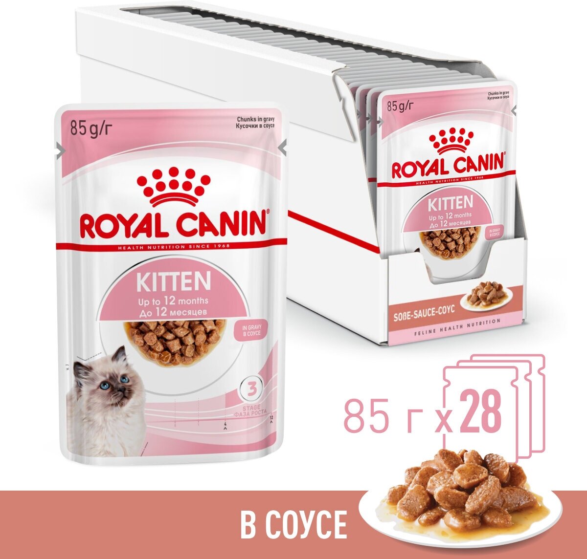 Влажный корм в соусе для котят Royal Canin Kitten (Киттен) для котят в возрасте до 12 месяцев в соусе 28х0,085кг - фотография № 1