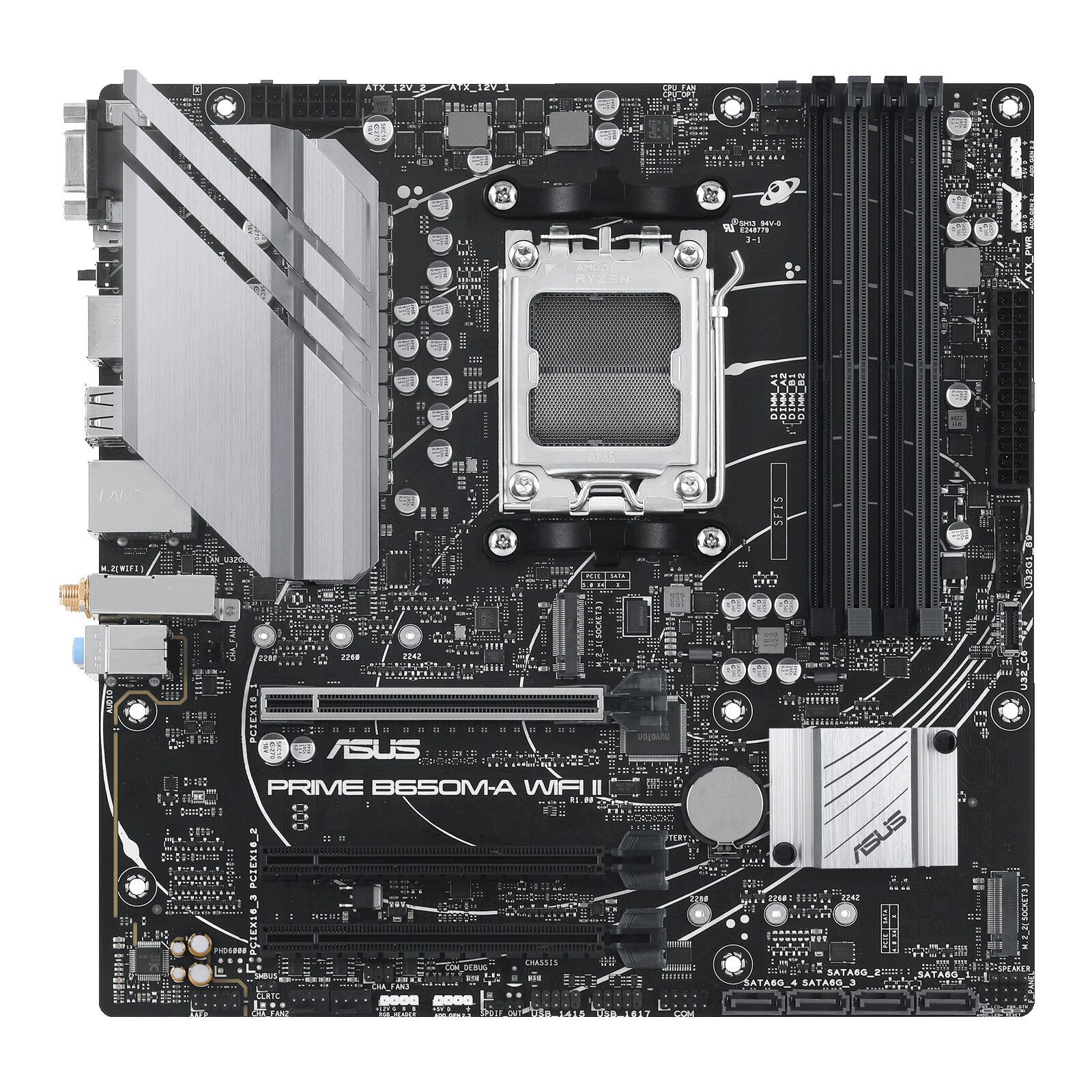 ASUS PRIME B650M-A WIFI II Материнская плата , AM5, AMD B650, 4xDDR5, 4xSATA, 2xM.2, 1xPCI-E 4.0 x16, 2xPCI-E 4.0 x1, 1xHDMI, 1xDP, 1xVGA, 1x 2.5Gb LAN, 2xUSB-A 3.2 Gen 2, 2xUSB-A 3.2 Gen 1, 4xUSB-A 2.0, 3x3.5 мм, 7.1, Micro-ATX