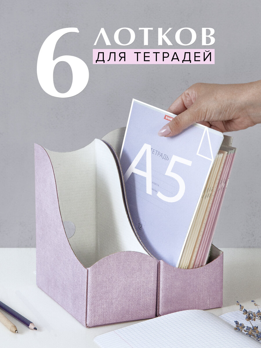 Лоток накопитель для бумаг, тетрадей вертикальный, органайзер для канцелярии, набор 6 шт, моно, LAVANDE