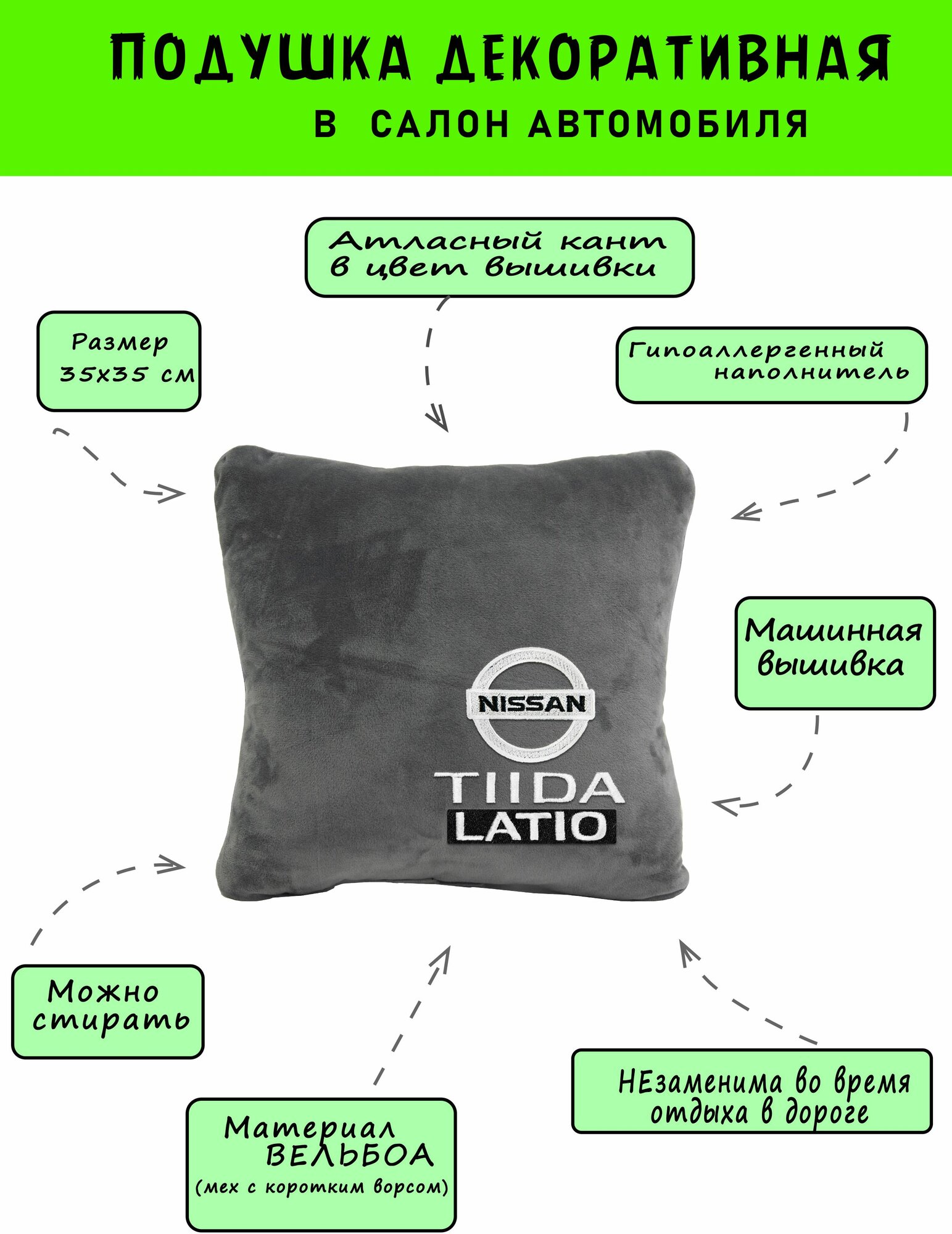 Подушка в машину декоративная серая с логотипом NISSAN Tiida Latio, кант белый