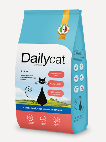 Изображение товара Dailycat сухой корм для взрослых стерилизованных кошек с индейкой, лососем и креветкой - 8 кг