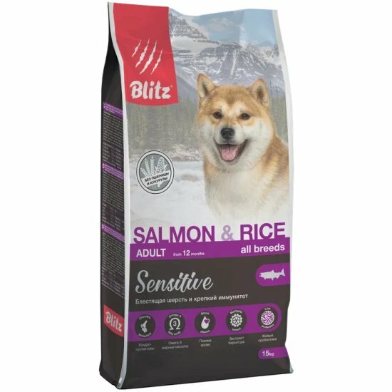 Корм сухой Blitz (pet) Blitz Adult Salmon&Rice Sensitive для взрослых собак всех пород с чувствительным пищеварением, с лососем и рисом, 1,8 кг