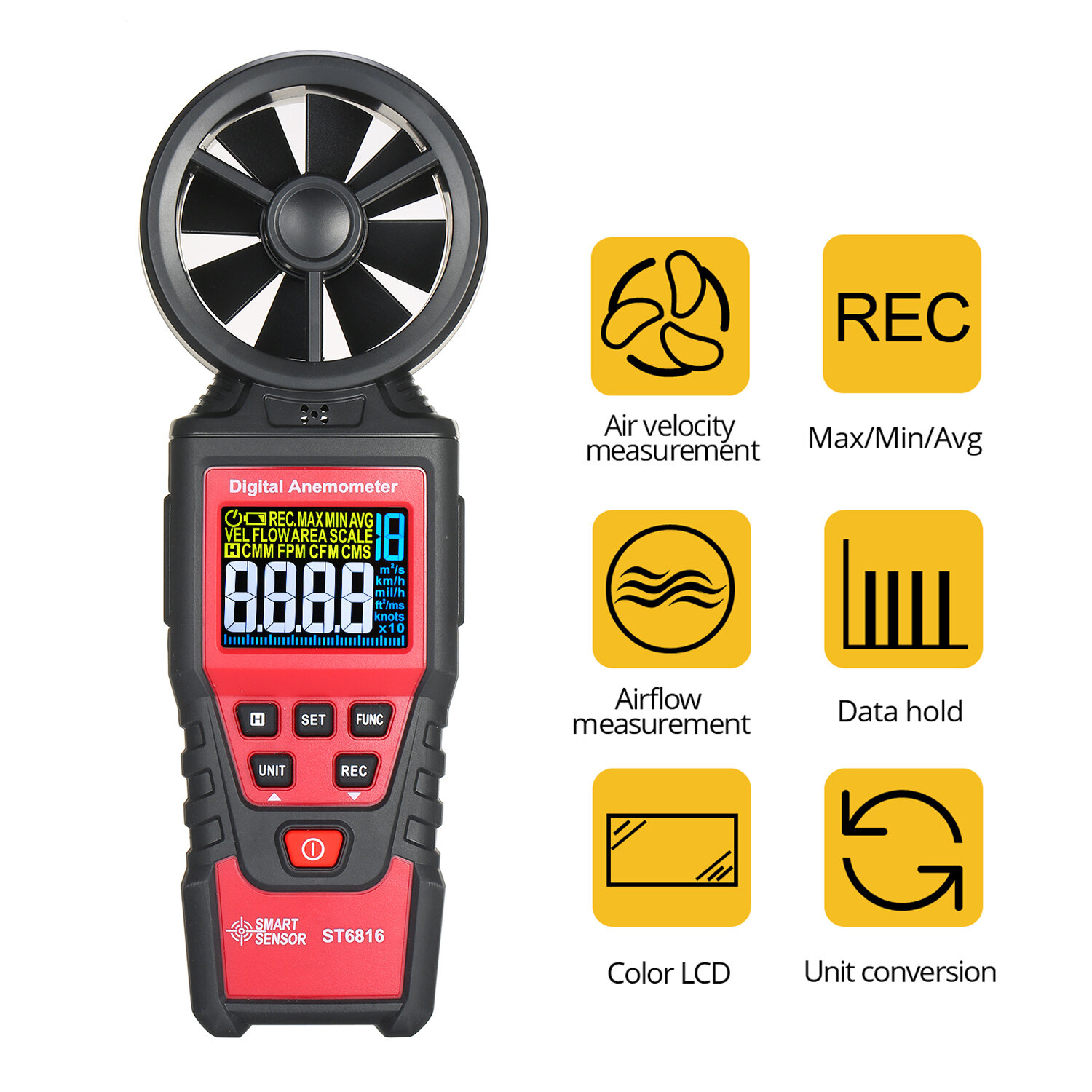 SMART SENSOR ST6816 Цифровой анемометр, измеритель скорости ветра, измеритель расхода воздуха с ЖК-подсветкой. Диапазон измерения 0,40 м/с ~ 30,00 м/с Максимальное/минимальное/среднее значение.