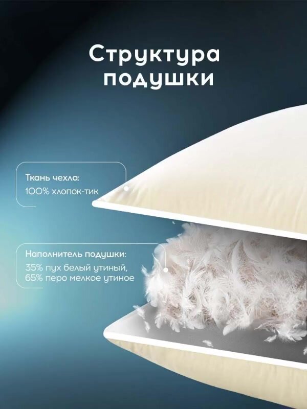 Medsleep Подушка для сна "Мулард S" с натуральным 100% утиным пухом-пером 1000 грамм, 50х70 — фото 1