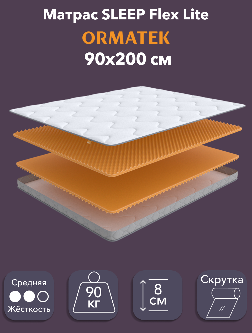 Орматек Матрас SLEEP Flex Lite, Беспружинный, 90х200 см, Односпальный двусторонний анатомический матрас на кровать c массажным эффектом