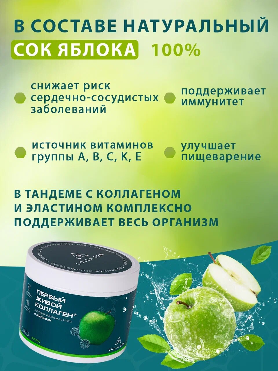 Картинки Живой коллаген с эластином от бренда COLLA GEN , вкус яблоко, для укрепления связок и суставов, объём 500 гр.