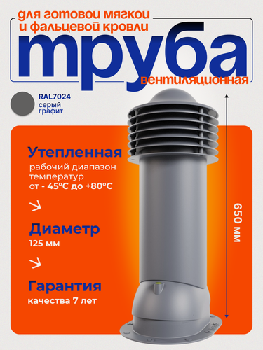 Изображение товара Труба вентиляционная утепленная Viotto d 125 мм для готовой мягкой и фальцевой кровли RAL 7024 графитовый серый