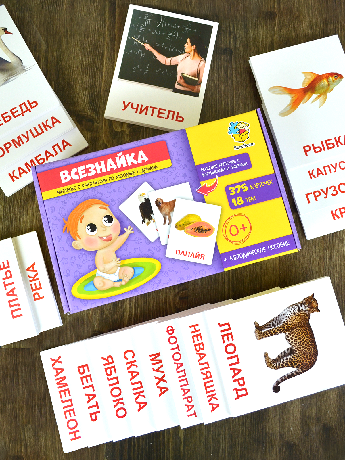Набор обучающих карточек Домана "Мегабокс" Всезнайка KoroBoom, 375 больших плотных развивающих для самых маленьких с фактами и реалистичными картинками для малышей — фото 1