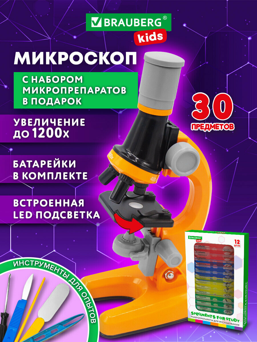 Микроскоп детский школьный с подсветкой 1200х набор для опытов с образцами и инструментами 30 предметов 13 микропрепаратов Brauberg Kids 391400