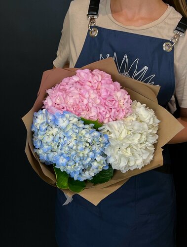 Изображение товара Букет из разноцветных гортензий, на стебле, 3 шт, мультиколор