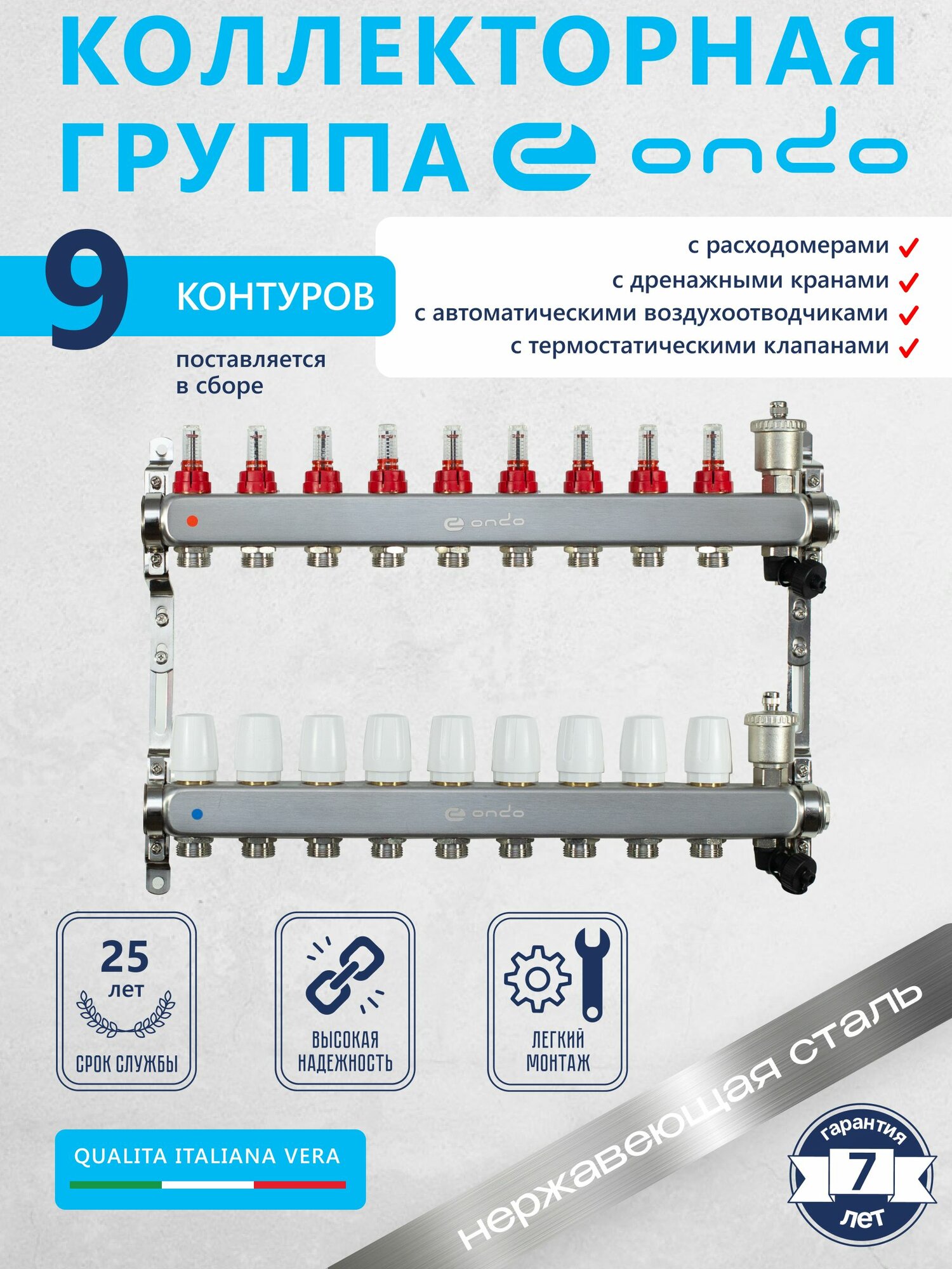 Коллектор для теплого пола на 9 выходов + расходомеры + термостатические клапаны + воздухоотводчик ONDO