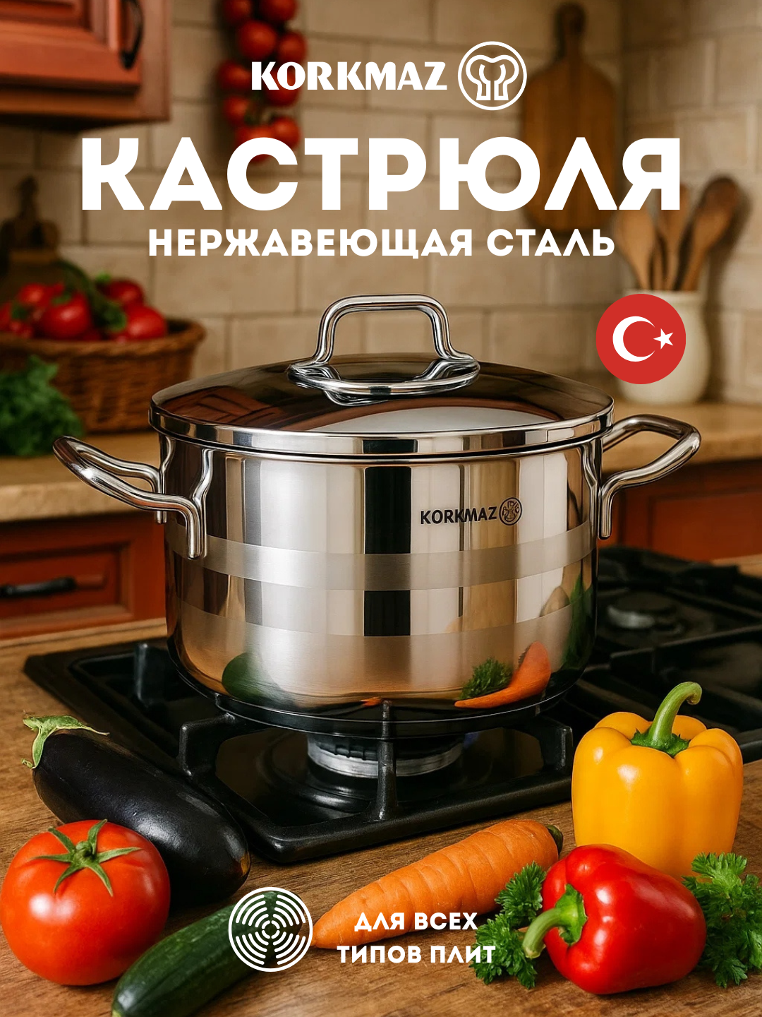 Кастрюля KORKMAZ ASTRA A2025 5,75 л, 24×13 см, из нержавеющей стали с крышкой