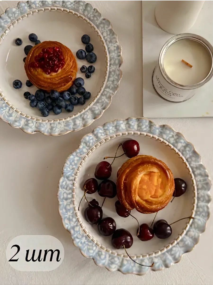 Голубая кружевная тарелка, изысканная посуда, Тарелки керамические набор 22 см 2шт