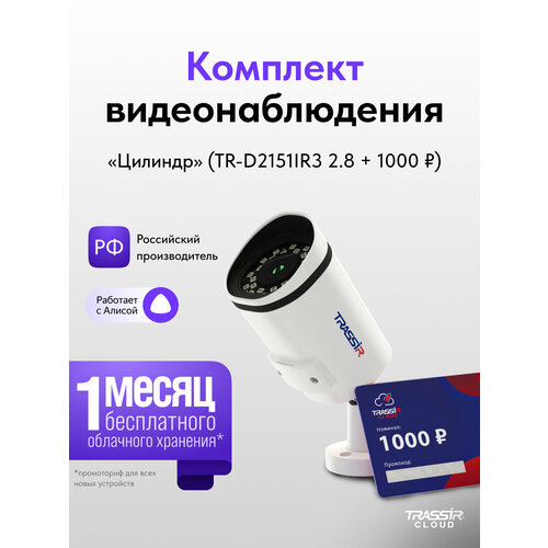 Комплект TRASSIR TR-D2151IR3 2.8 + 6 месяцев записи архива в облако.