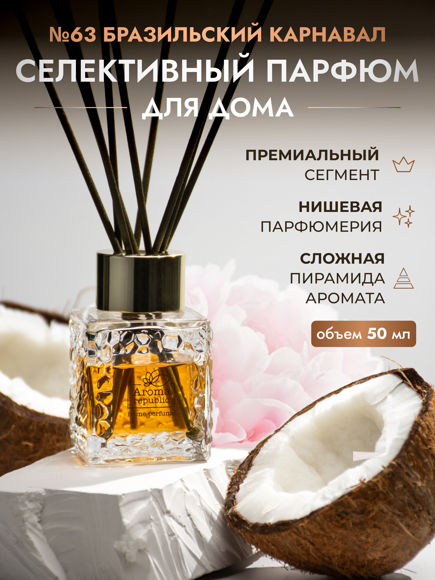 AROMA REPUBLIC Ароматический диффузор в стеклянном флаконе 50 мл,"№63 Brazilian carnival"