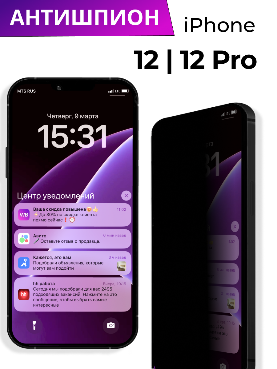 Защитное стекло на iPhone 12, 12 Pro Антишпион, противоударное
