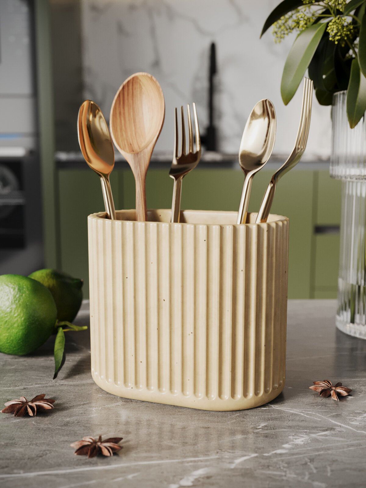 Кухонный стакан Chloe Duo подставка для столовых приборов 10х13х8.5 см бетон бежевый глянцевый