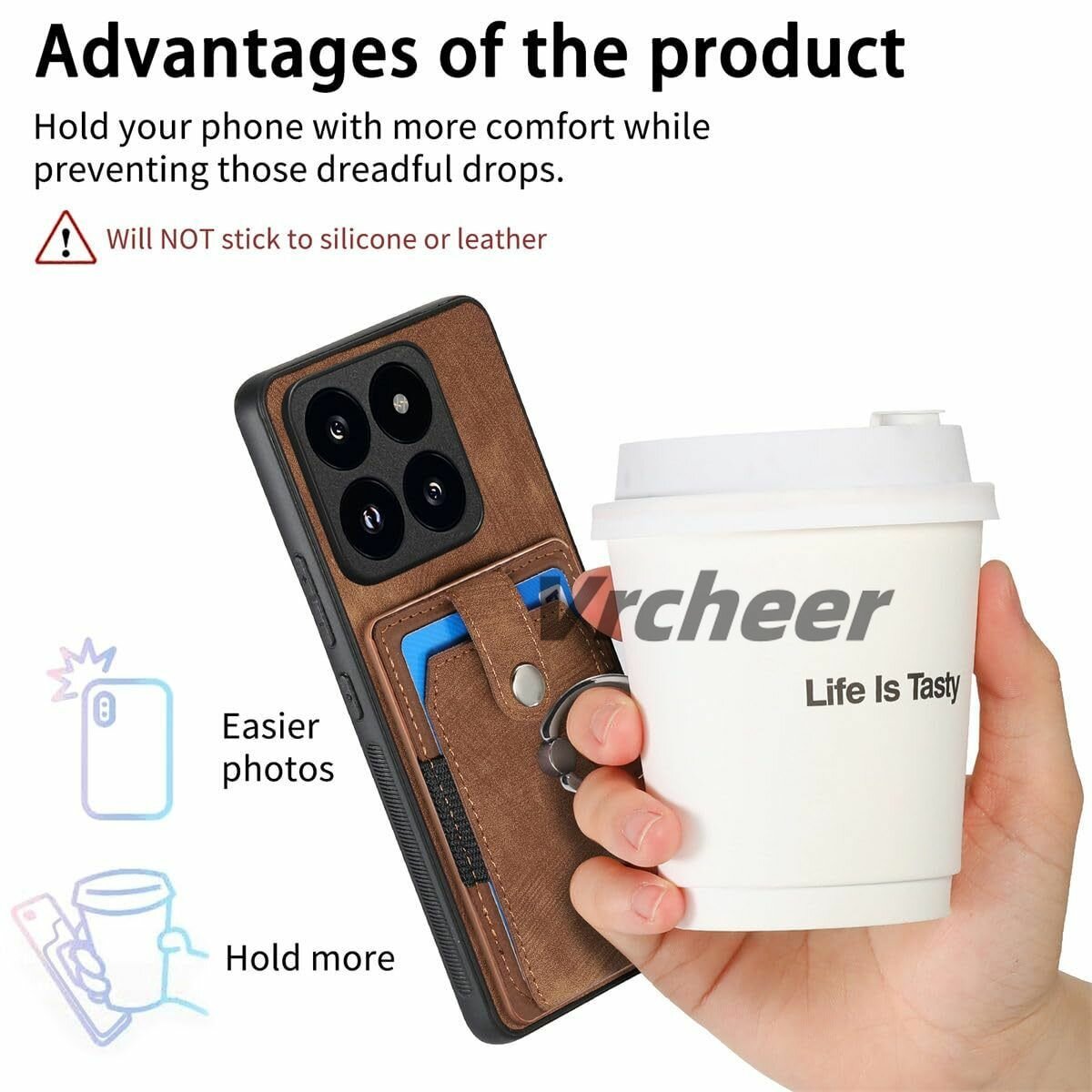 Картинки Чехол кожаный на Xiaomi 14T Pro (Сяоми 14Т Про) c карманом и подставкой, автомобильный магнитный держатель для телефона, защитный, противоударный(коричневый)