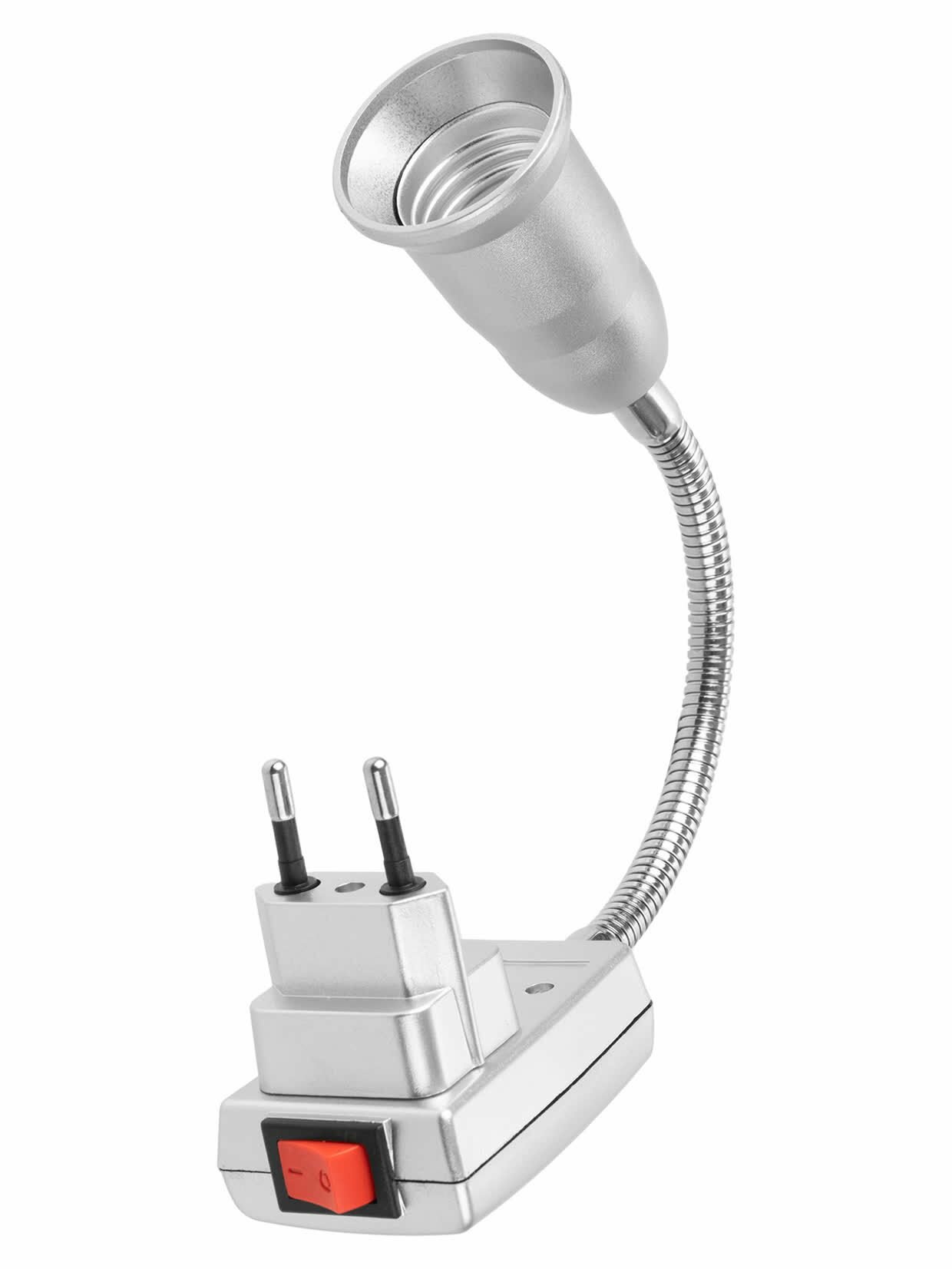 Переходник вилка-Е27 гибкий 150мм с выключателем серебро