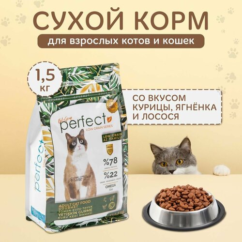 Сухой корм для кошек, Bil-Grup PERFECT GOURMET, Лосось, Ягненок, Курица, супер-премиум. 1,5 кг. Ежедневный рацион, гипоаллергенный, без искусственных ароматизаторов и красителей.