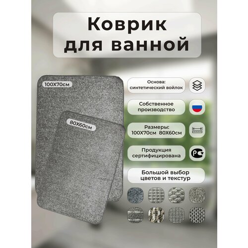 Коврик для ванной и туалетной комнаты на пол / Противоскользящий, мягкий/ Прямоугольный 