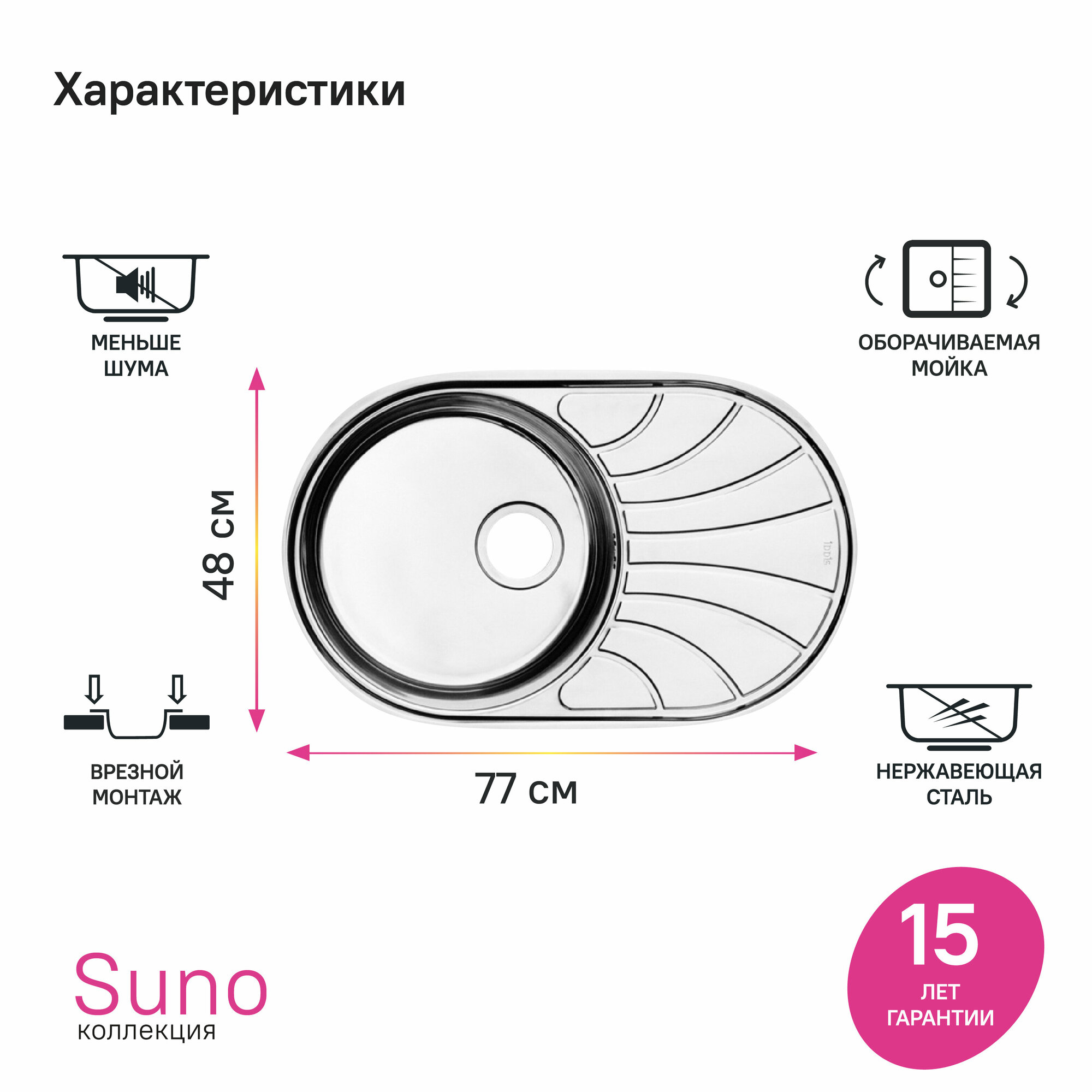 Мойка нерж. сталь шелк 770*480 Suno S IDDIS SUN77SDi77