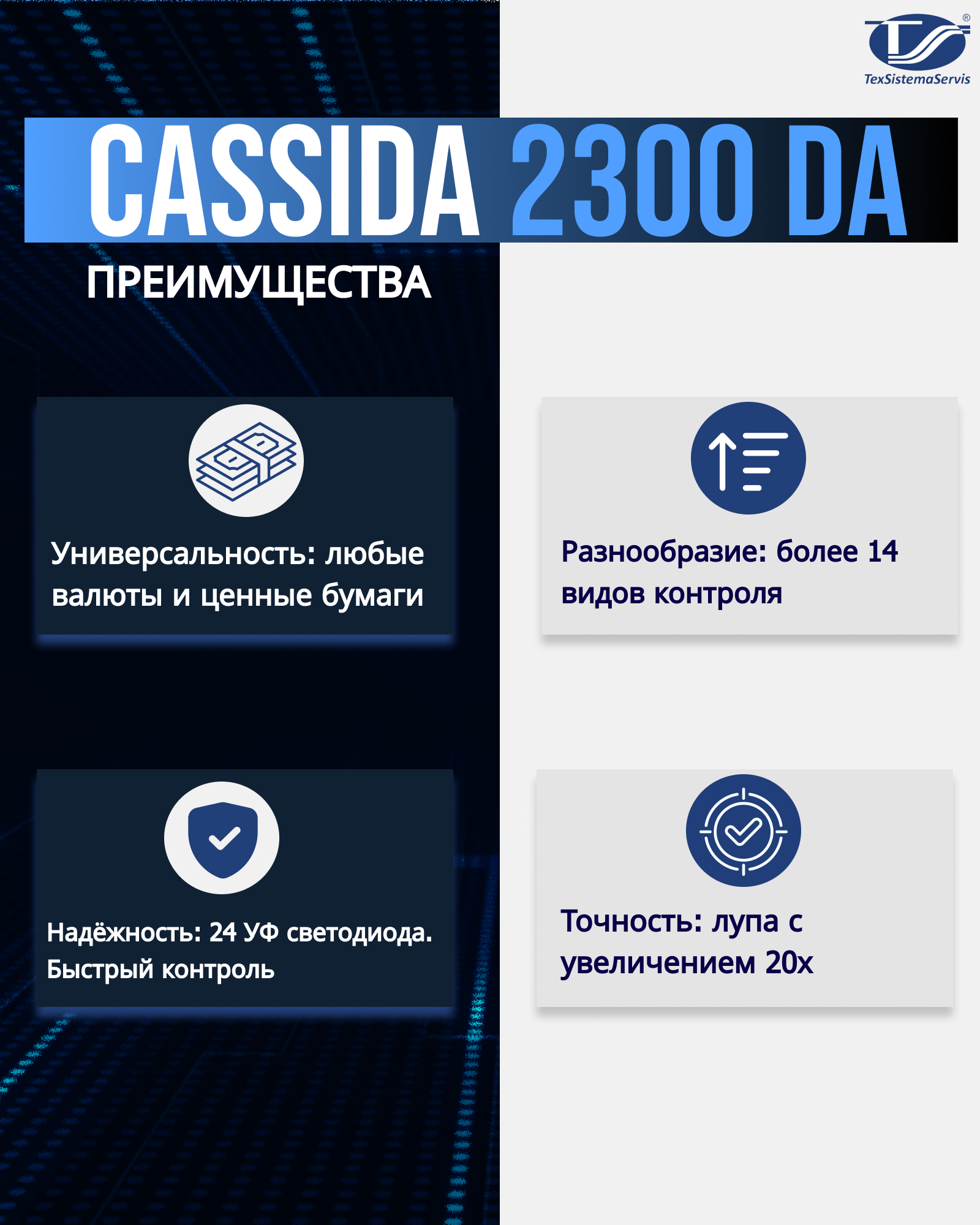 Детектор банкнот Cassida 2300DA , с LED-дисплеем, 7", 14 защитных признаков — фото 1