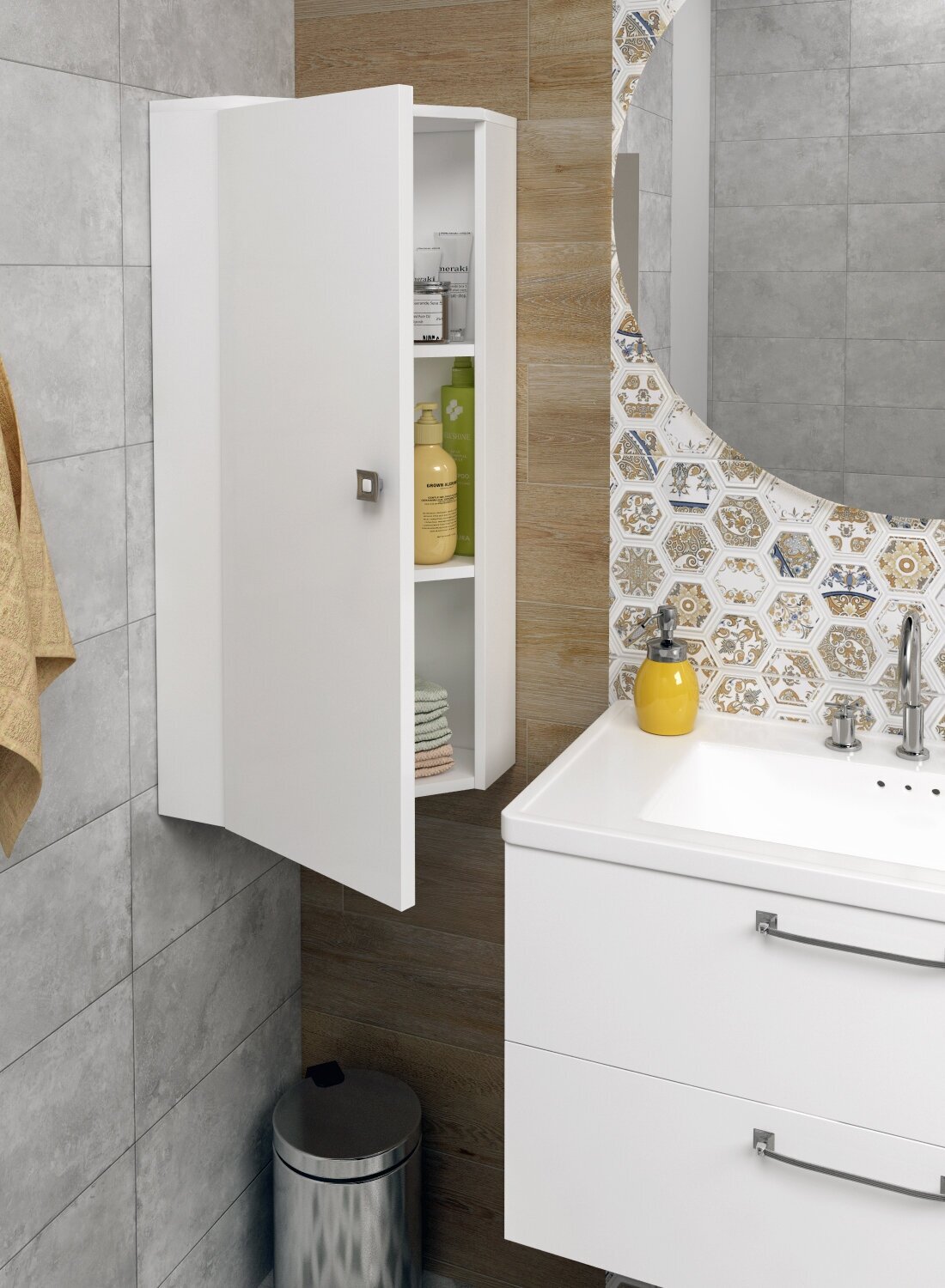 Шкаф для ванной комнаты REGENT style ПеналВиола1д/угловой/левый цвет белый 86*31*31