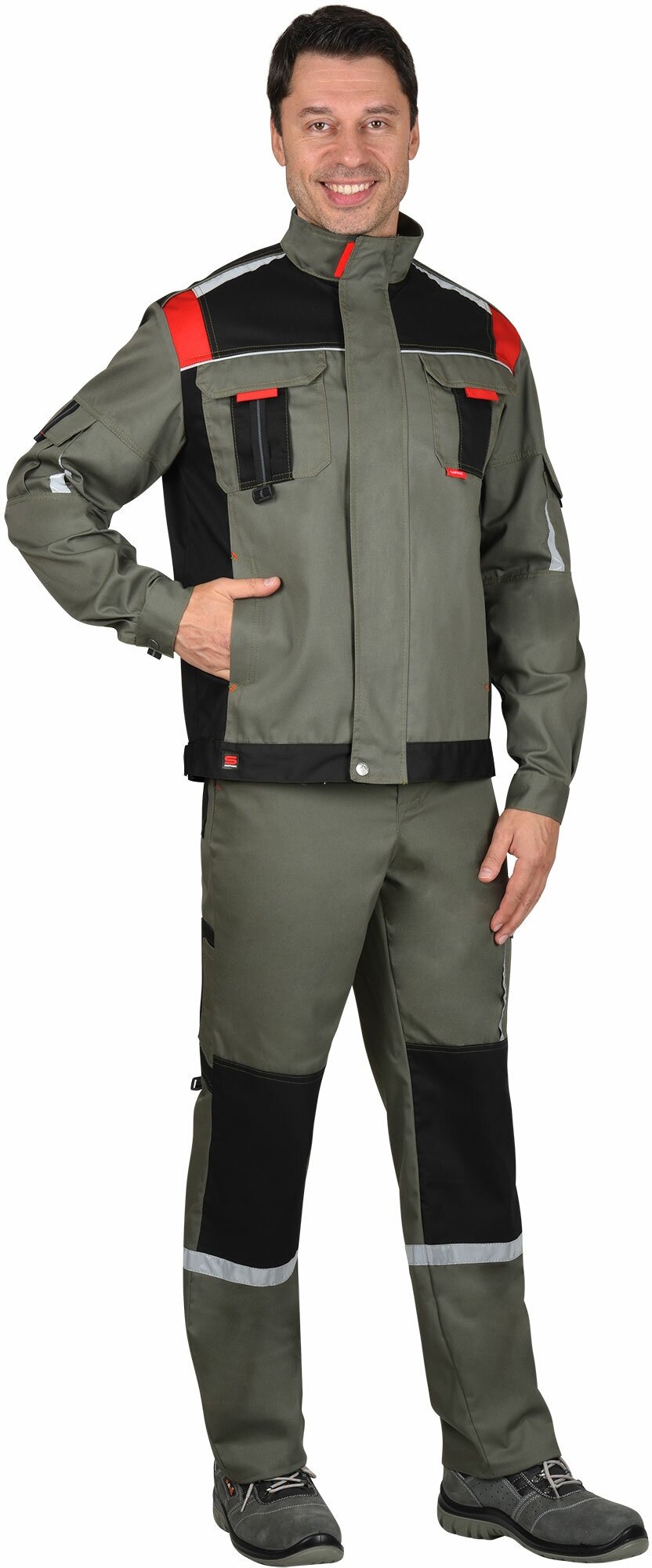 Костюм "сириус-стан" куртка, брюки оливковый с черной и красной отделкой 52-54