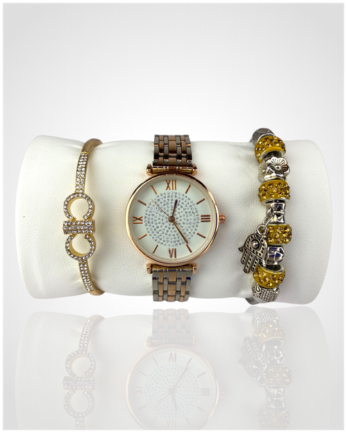 Наручные часы Часы наручные с браслетами, подарочный набор, бижутерия, золотой