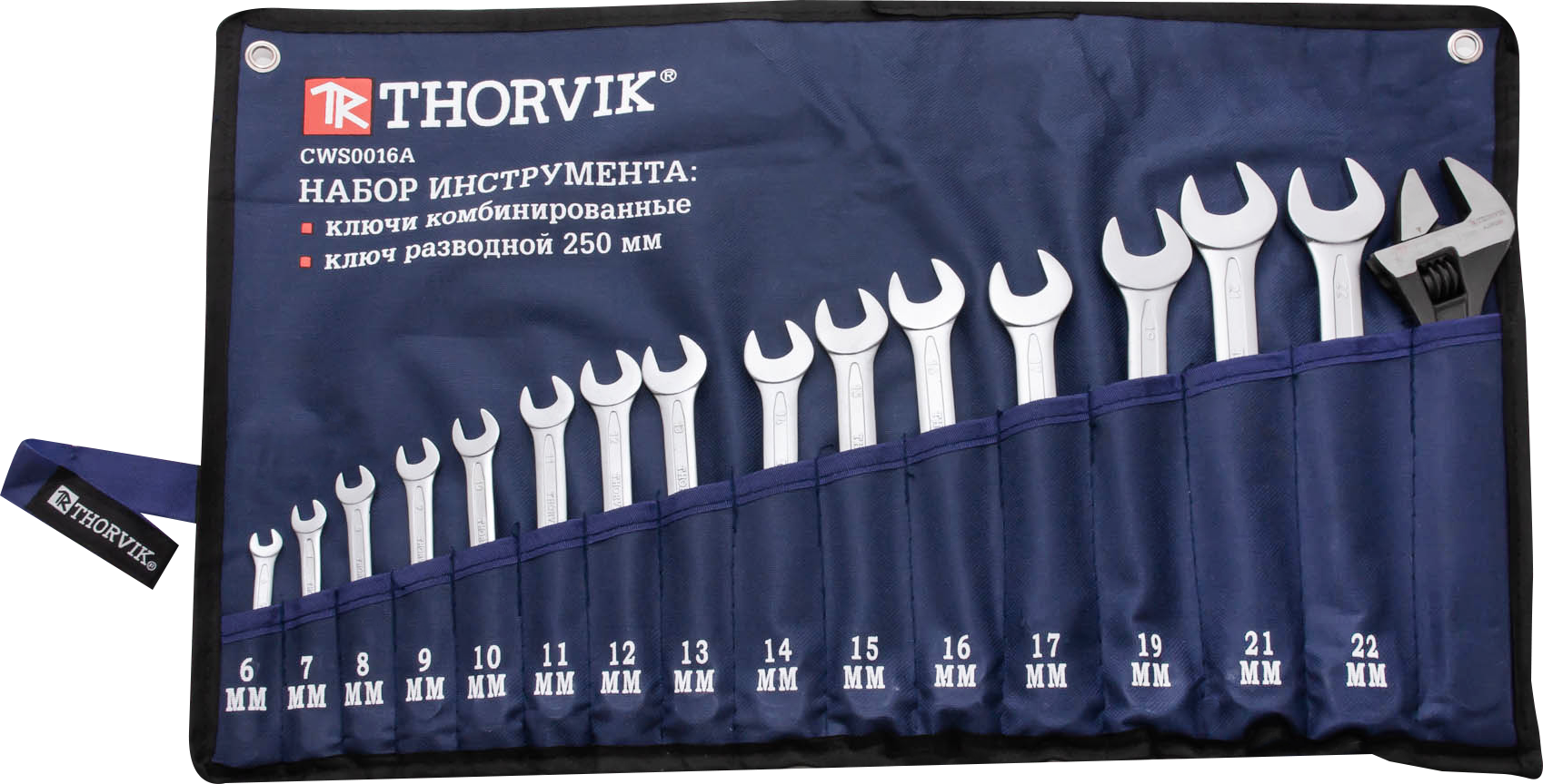 Набор ключей комбинированных Thorvik в сумке 6-22мм, ключ разводной 250мм CWS0016A 53705 - фото №5