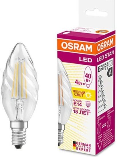 Светодиодная лампа Ledvance-osram OSRAM LED SCL BW40 4W/827 230V FIL E14 470lm прозрачная - свеча витая, филаментная