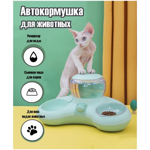 Двойная миска для кошек и собак с автопоилкой Кормушка и поилка 390x200x160 Зеленый
