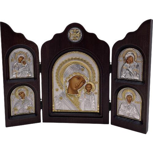 Икона Казанская Божия Матерь, триптих, 5 икон, шелкография, «золотой» декор, «серебро», стразы, 16*24 см,