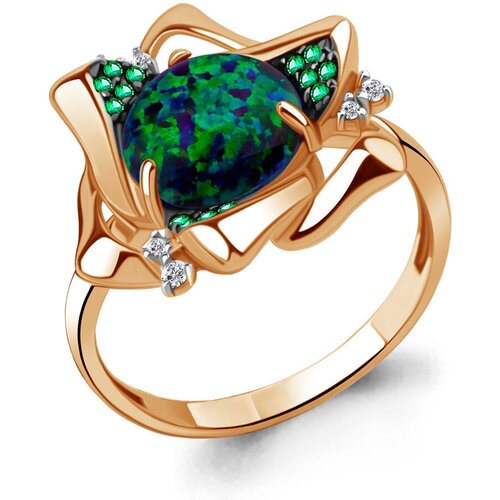 фото Кольцо diamant online, серебро, 925 проба, золочение, опал, фианит, изумруд синтетический, размер 18