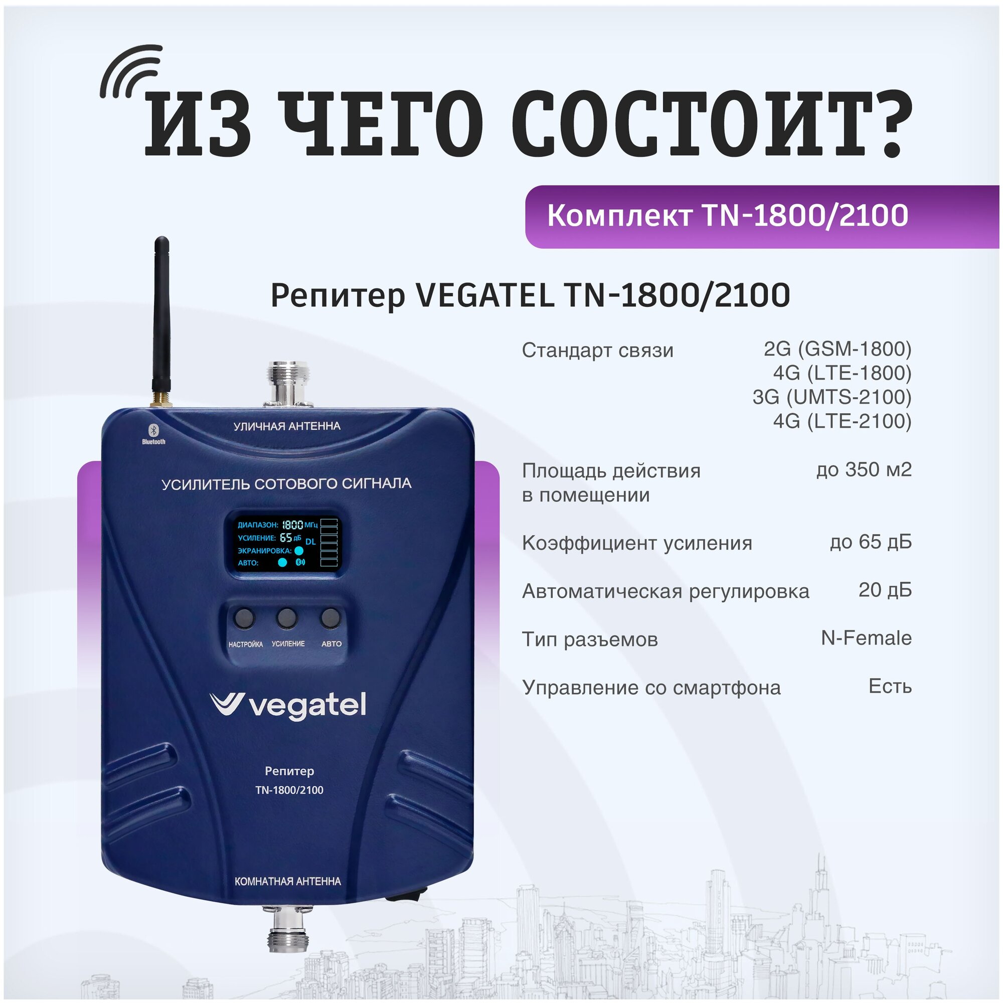 Усилитель сотовой связи и интернета. Комплект VEGATEL TN-1800/2100 2G, 3G, 4G и антенна MultiSet