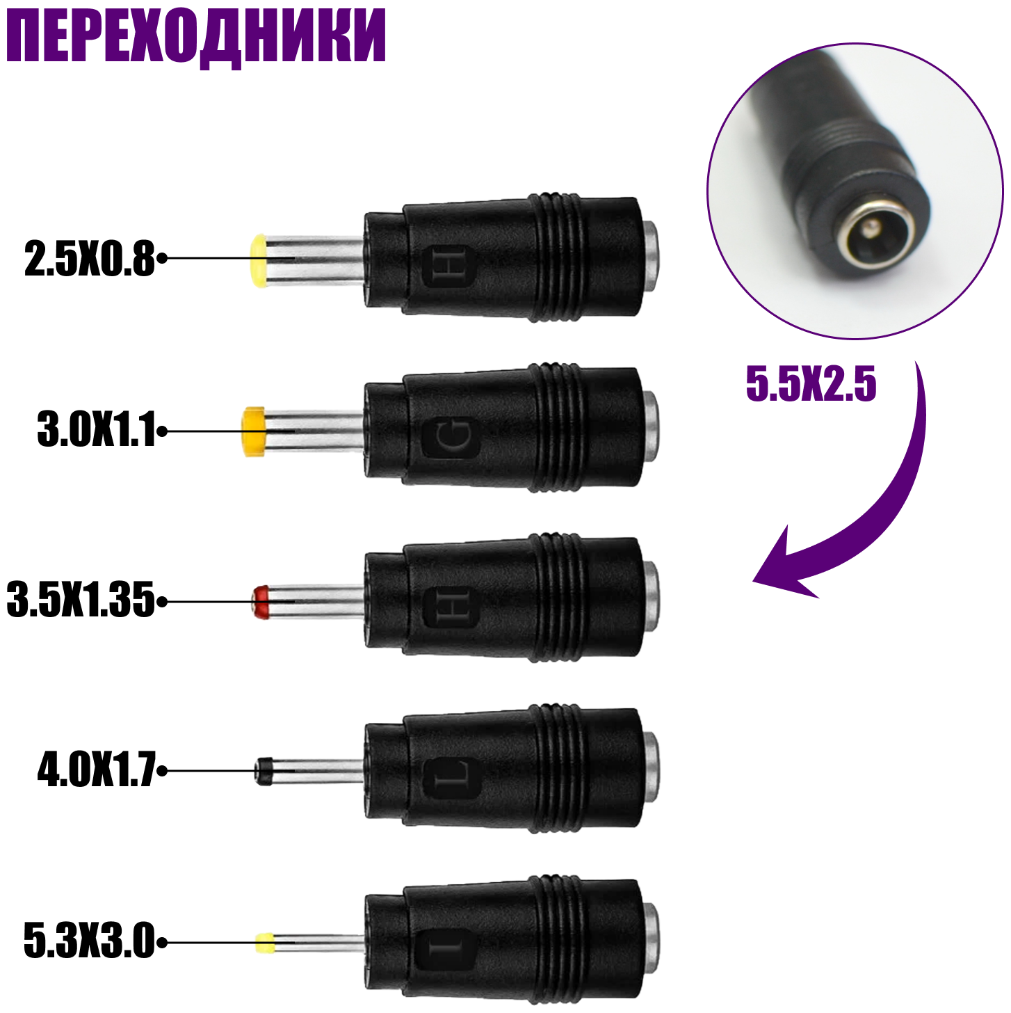 Адаптеры для устройств с разъемами 5.3х3.0, 4.0х1.7, 3.5х1.35, 3.0х1.1, 2.5х0.8 к блоку питания 12V 2A 5.5*2.5