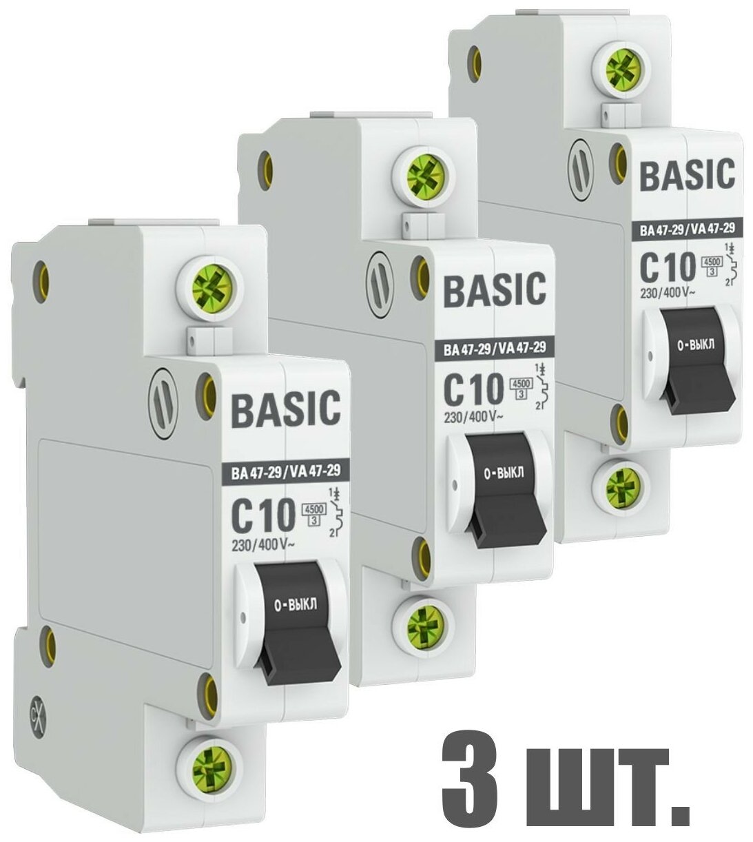 Автоматический выключатель EKF 1P 10А (C) 4,5kA ВА 47-29 EKF Basic 3 штуки