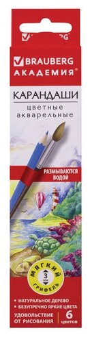 Карандаши цветные акварельные BRAUBERG "академия", 6 цветов, шестигранные, высокое качество, 181397