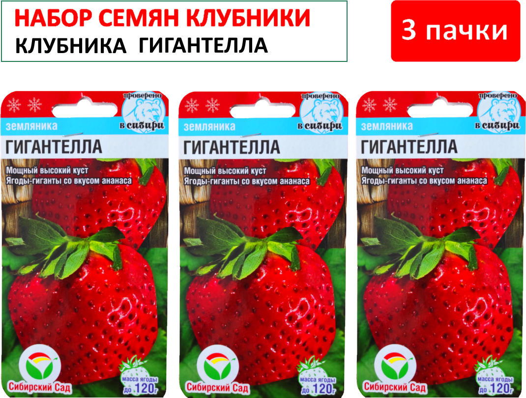 Упаковка 3 пачки: Семена Клубника Гигантелла крупноплодная, Сибирский Сад, 10 шт.