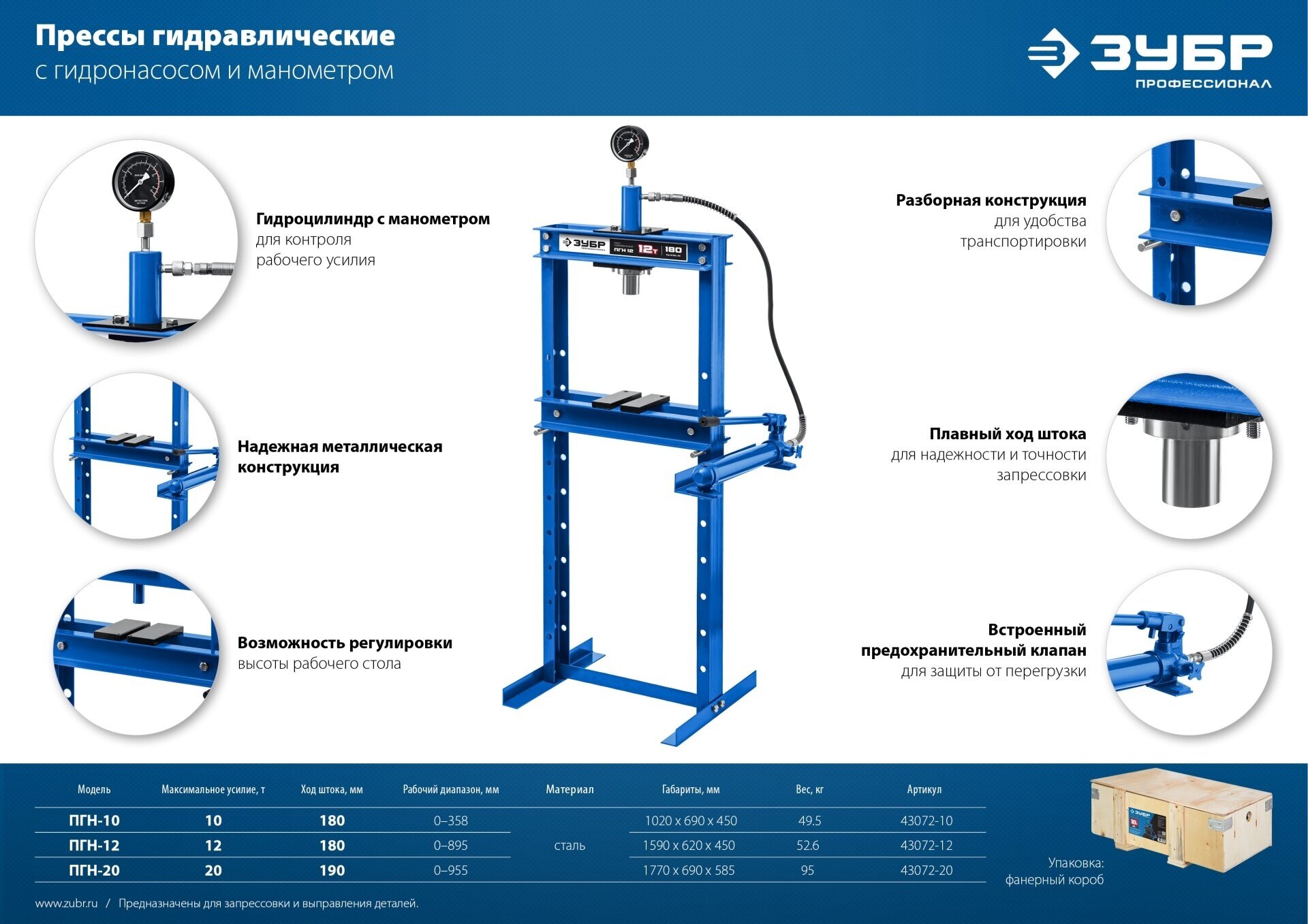 Пресс гидравлический с гидронасосом и манометром, ПГН-20 20т, Профессионал ЗУБР 43072-20