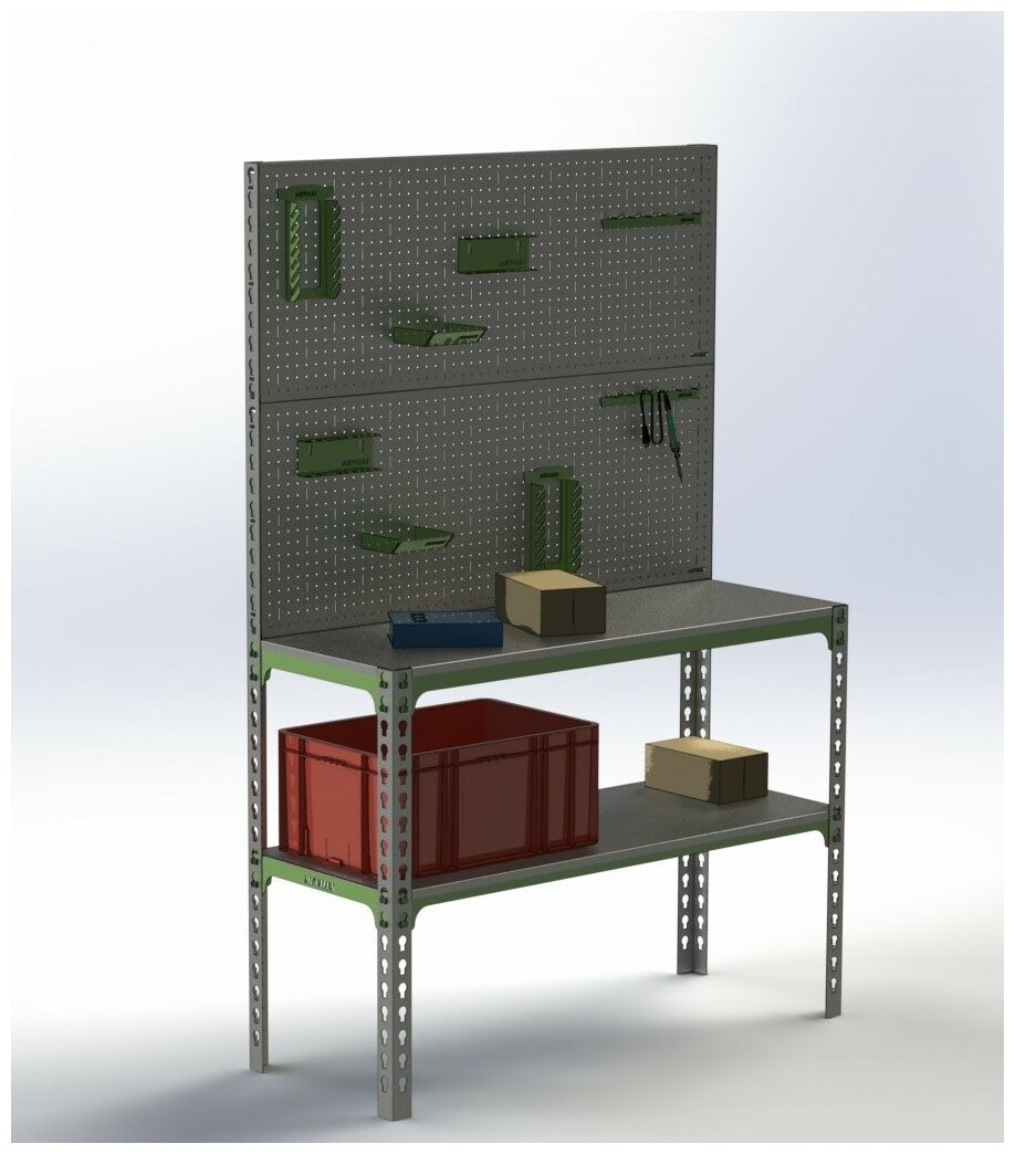 Стол-верстак 950х1600х500 (одна полка) + двойная перфопанель с комплектом аксессуаров - фотография № 1