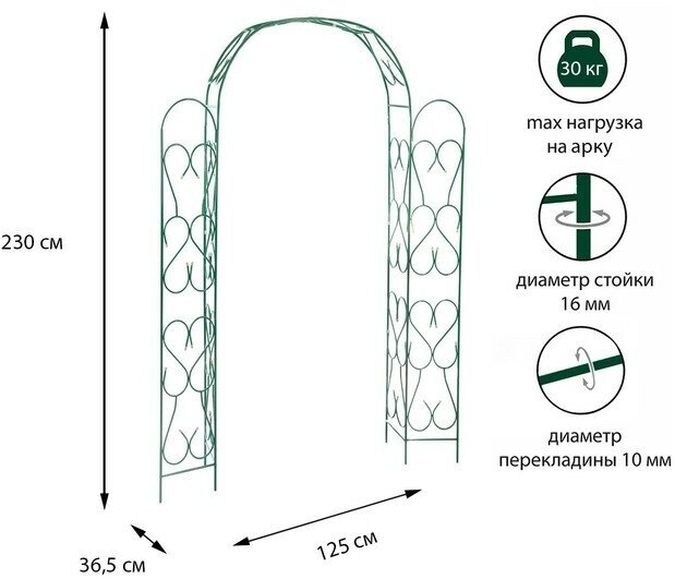 Арка садовая разборная 230 × 125 × 365 см металл зелёная