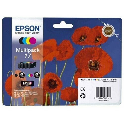 Картриджи Epson 17 комплект 4 цвета оригинальные C13T17064A10 для Epson XP-203, XP-207, XP-303, XP-306 epson девелопер картридж epson s050099 оригинальный голубой