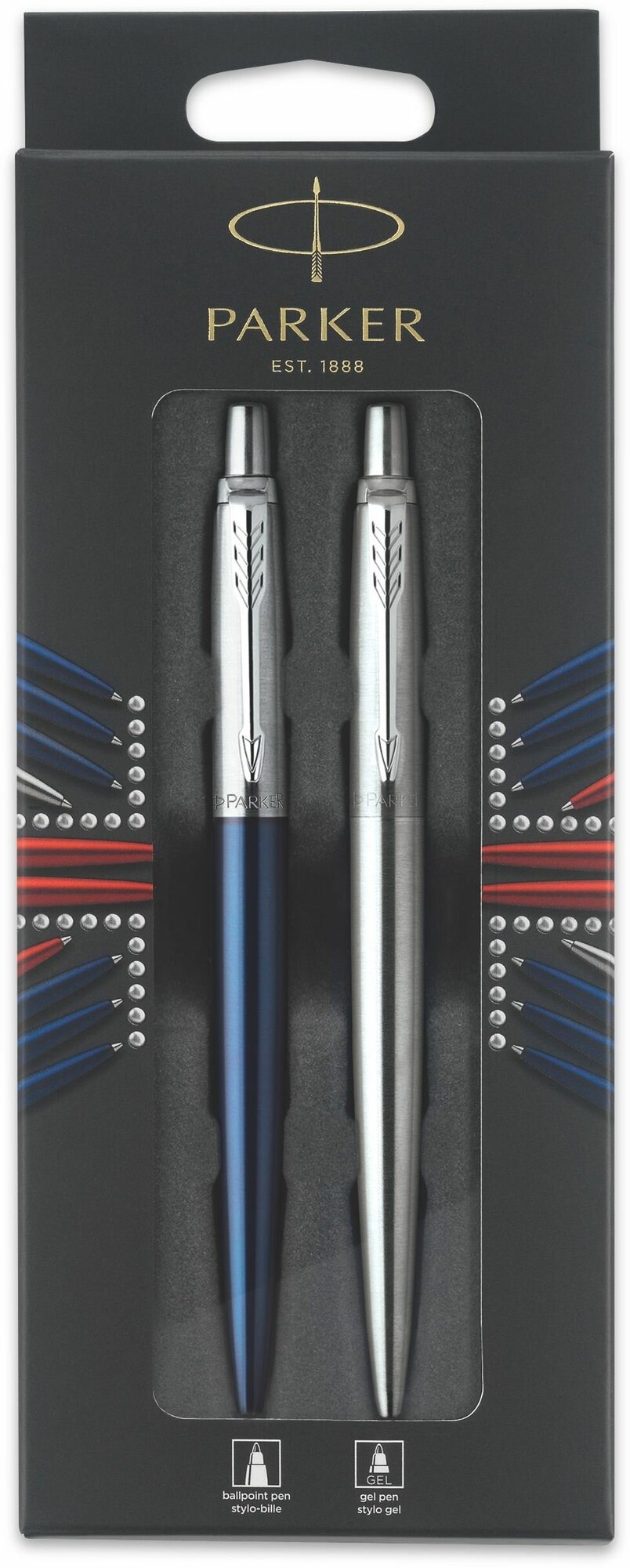 Набор Parker "Jotter London": шариковая ручка Blue + гелевая ручка Stainless Steel, 1,0мм, кнопочный механизм, блистер