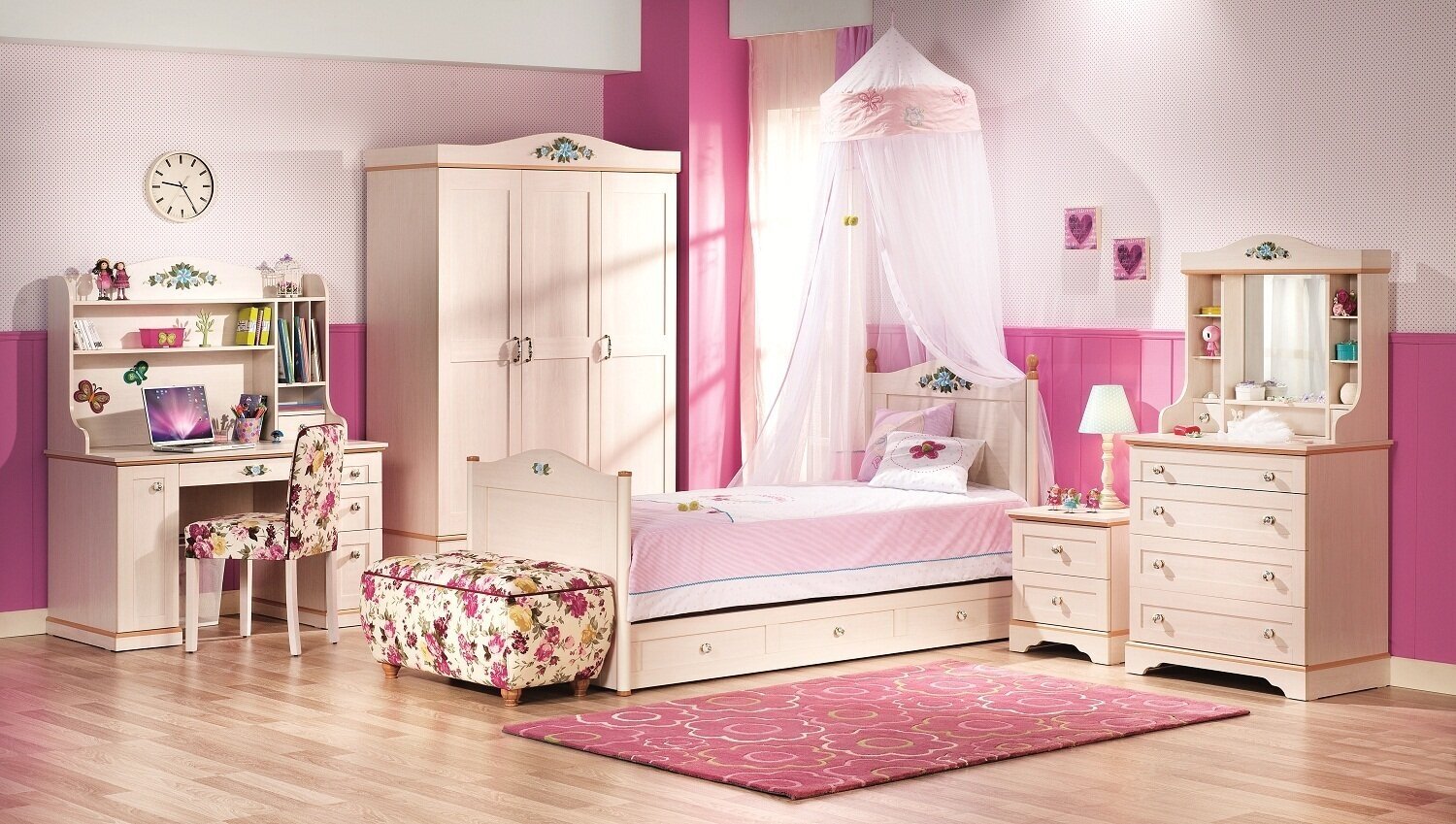 Комплект мебели для детской Flora, слоновая кость, 3-дверный шкаф, стеллаж, стол, перегородка безопасности (2 шт.)